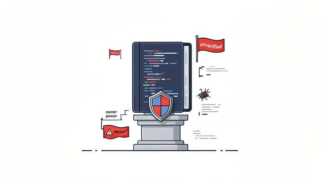 An illustration showing smart contract code on a pedestal with a shield, surrounded by 'unverified' flags, bugs, and owner power risks.