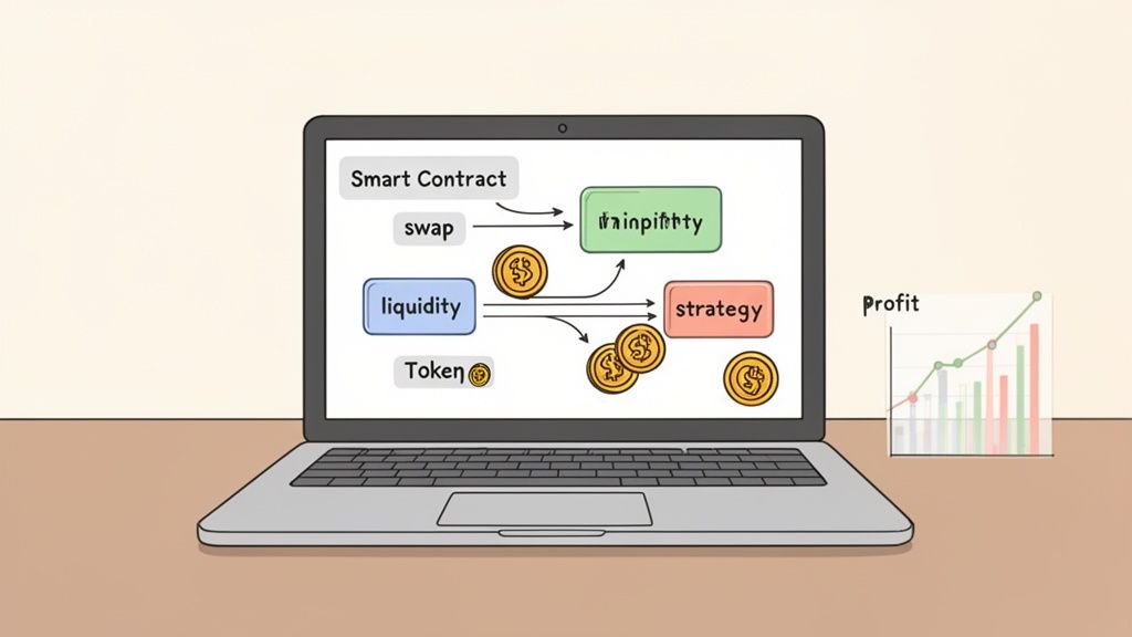 A laptop displays a diagram illustrating DeFi concepts like smart contracts, liquidity, swaps, tokens, and strategy, with a profit graph alongside.