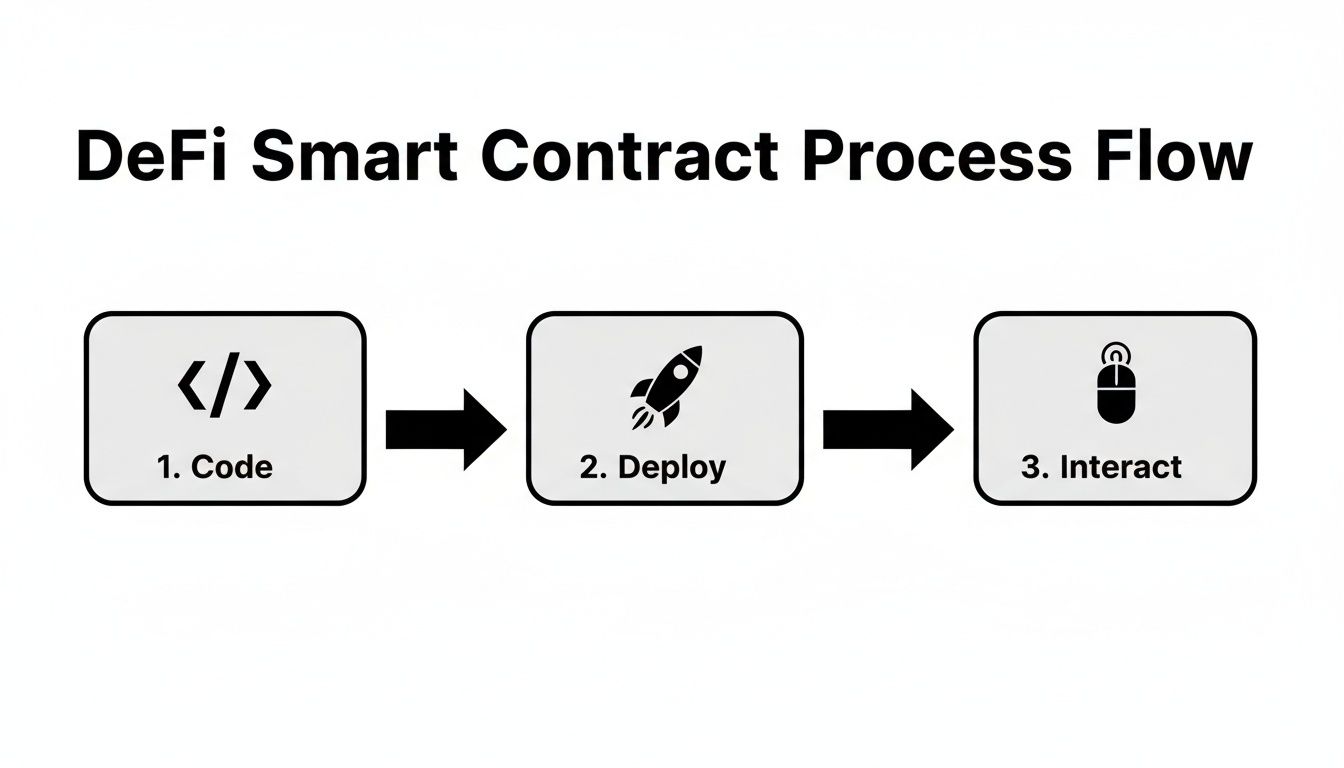 Flowchart illustrating the DeFi smart contract process: code, deploy, and interact with arrows.