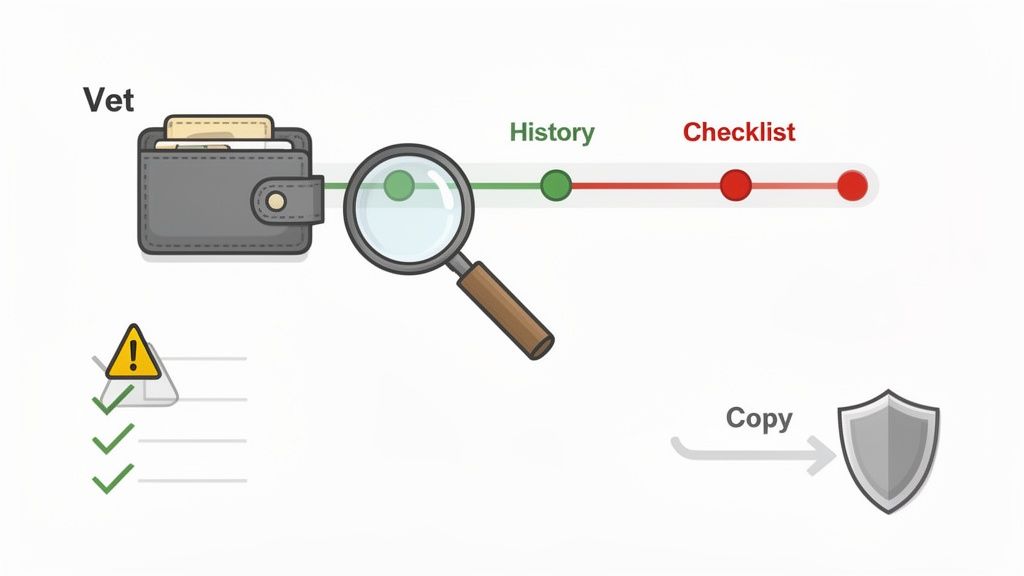 An illustration of vetting a wallet using history and checklist before securing with a shield.