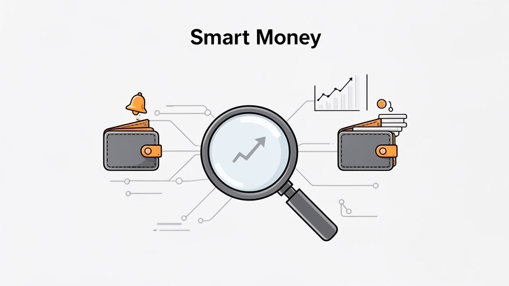 Smart money investment strategy illustration with wallets, magnifying glass, data analytics, and financial growth.