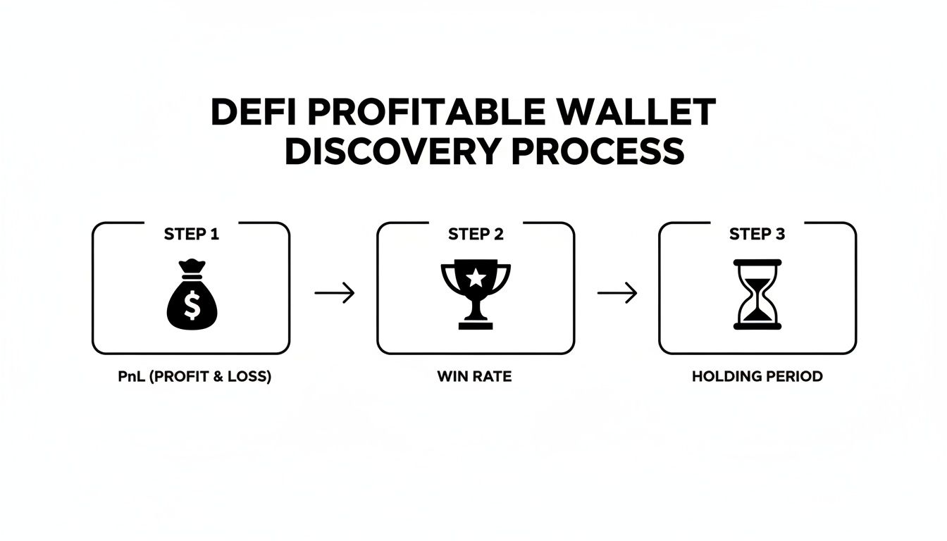Infographic showing the DeFi profitable wallet discovery process: PnL, Win Rate, and Holding Period.