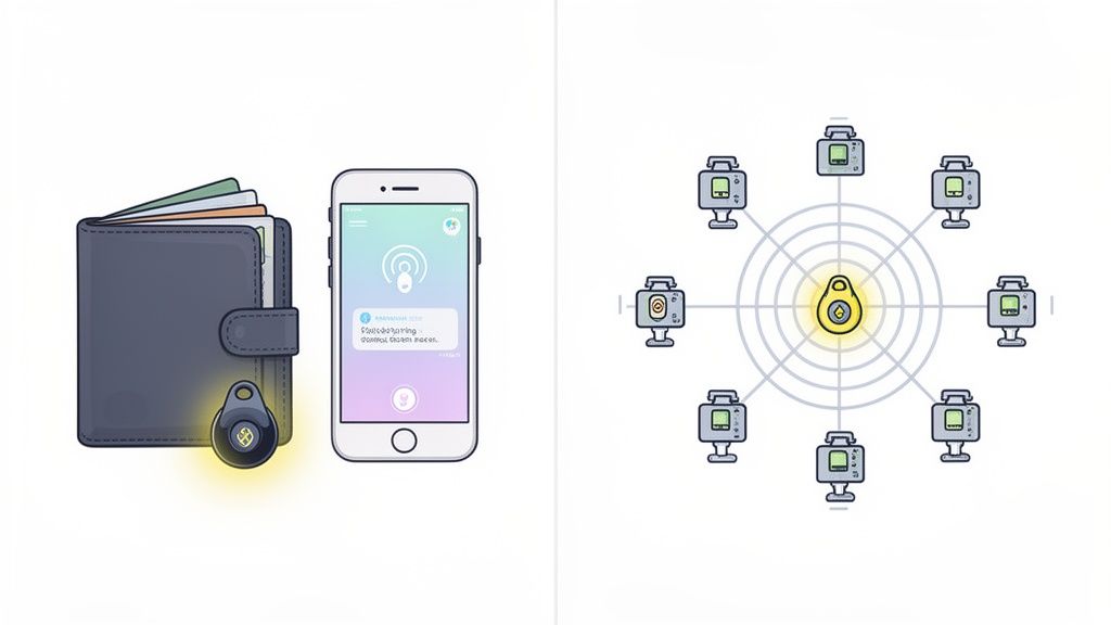 A wallet with a smart tracker linked to a phone, and a network of devices finding a central tracker.