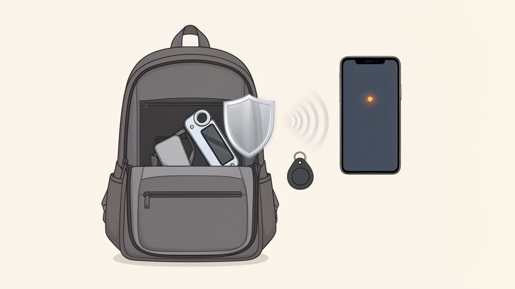 A gray backpack contains a white smart wallet, a phone, and a security shield icon, with a tracker sending signals to a smartphone.