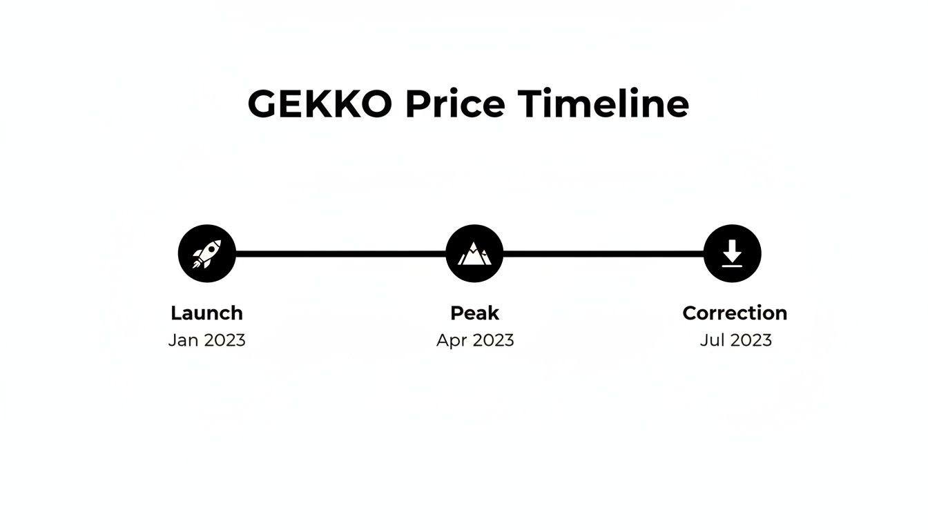 GEKKO Price Timeline illustrating launch in Jan 2023, peak in Apr, and correction in Jul.