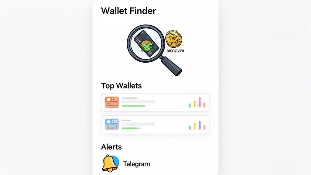 A mobile app interface for 'Wallet Finder' showing a magnifying glass over a phone screen and wallet options.