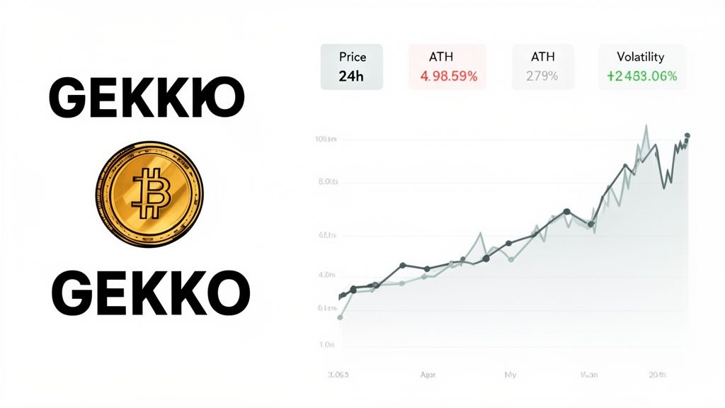 A dashboard displaying Gekkio/Gekko crypto branding, a Bitcoin-like coin, and a line graph with price data.