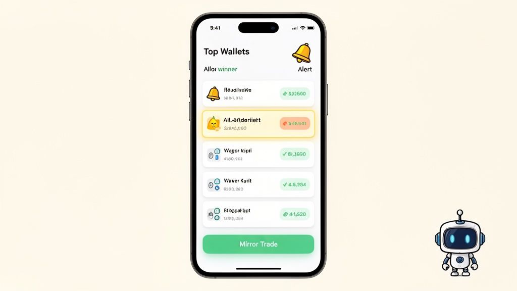 A smartphone displaying a 'Top Wallets' application with a list of financial accounts and a 'Mirror Trade' button.