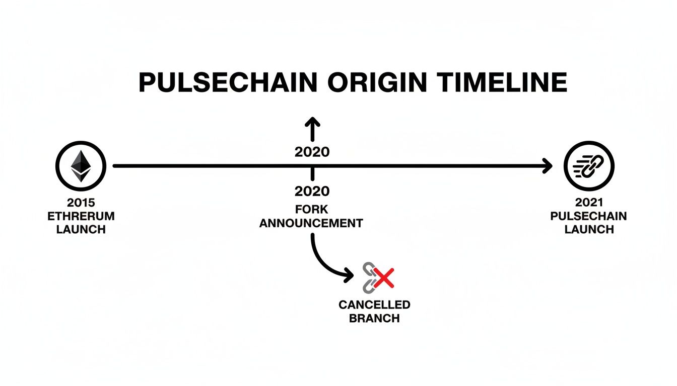 A timeline illustrating Pulsechain's origin, detailing the 2015 Ethereum launch, 2020 fork announcement, and 2021 Pulsechain launch.