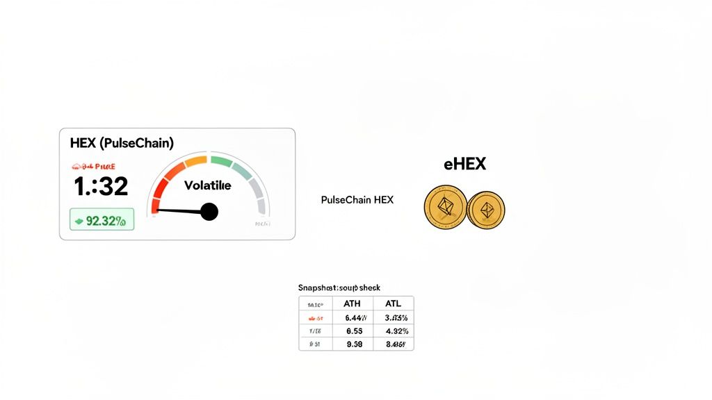 A cryptocurrency dashboard displaying HEX (PulseChain) and eHEX prices, volatility, and historical data.