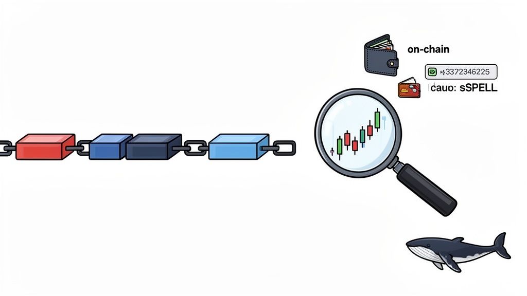 An illustration showing blockchain, magnifying glass over a candlestick chart, on-chain wallets, and a whale.