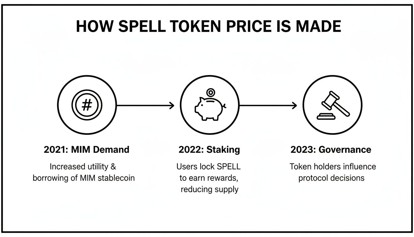 Timeline illustrating how SPELL token price is made, detailing MIM demand, staking, and governance.
