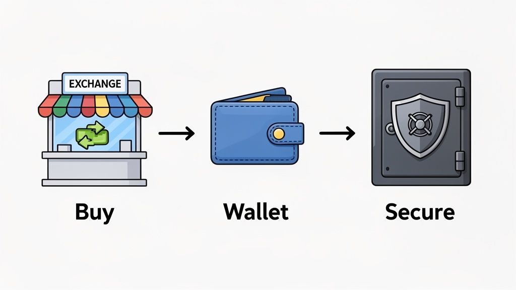 Illustration showing buying from an exchange, transferring to a wallet, and then securing digital assets in a safe.