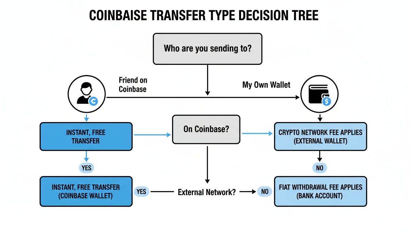 A Coinbase transfer type decision tree illustrating different recipient options, fees, and transfer methods.