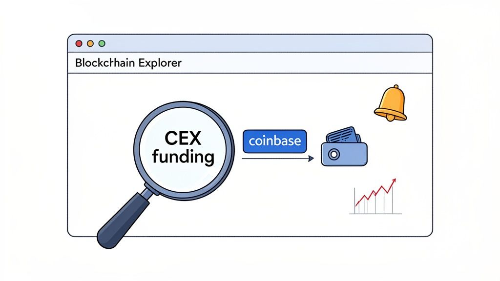 A blockchain explorer displays CEX funding, a Coinbase button, a wallet, a bell, and a rising graph.