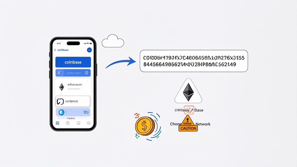 Illustration of a crypto transfer process on the Coinbase app, featuring Ethereum and a transaction ID.