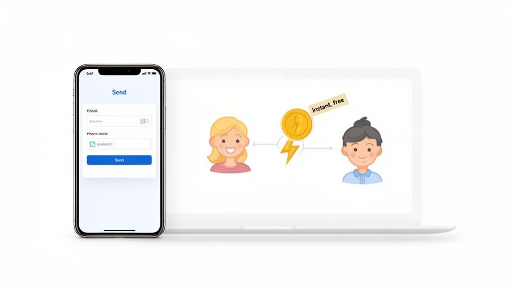 Mobile app for instant, free money transfers between users, visualized on a phone and laptop.