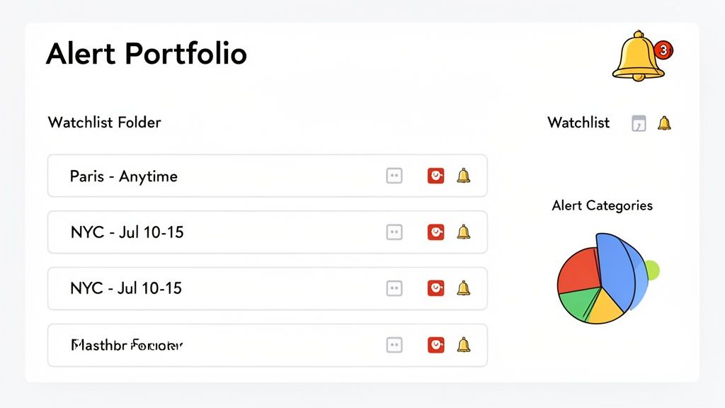 Dashboard displaying an alert portfolio with watchlist folders, notification icons, and a pie chart of alert categories.