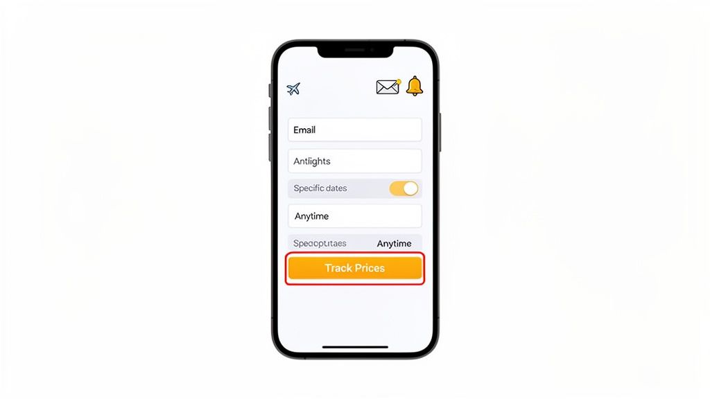 A smartphone displaying a flight tracking app with 'Track Prices' button highlighted, showing email and date options.