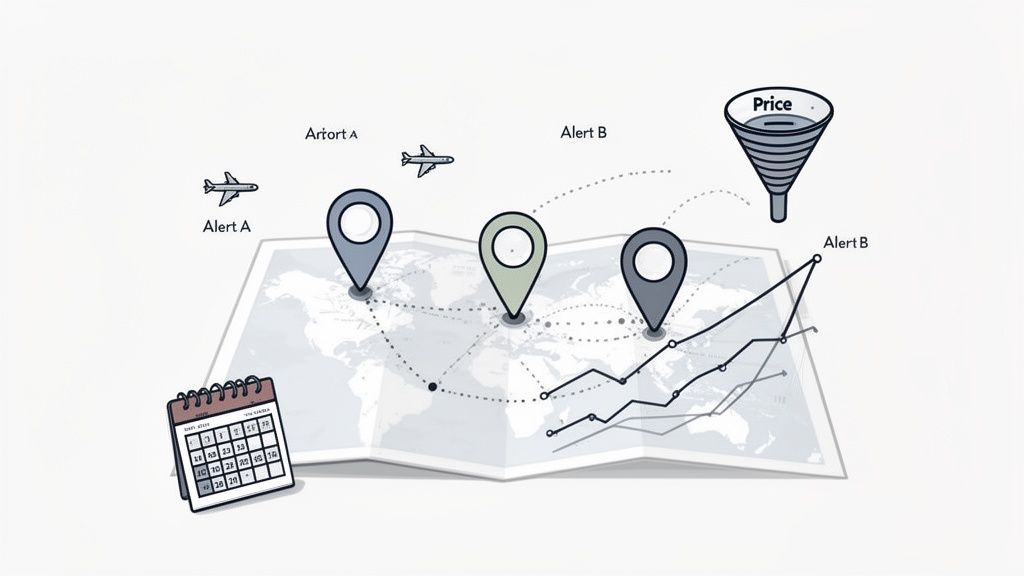 Flight price alerts system on a world map with location pins, airplanes, calendar, and price funnel.