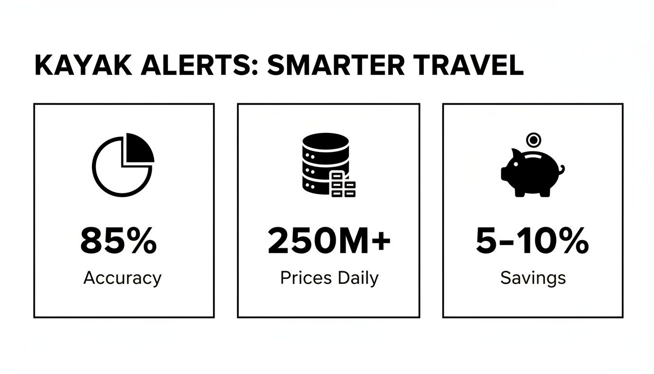 Infographic displaying Kayak Alerts' benefits: 85% accuracy, 250M+ daily prices, and 5-10% savings.