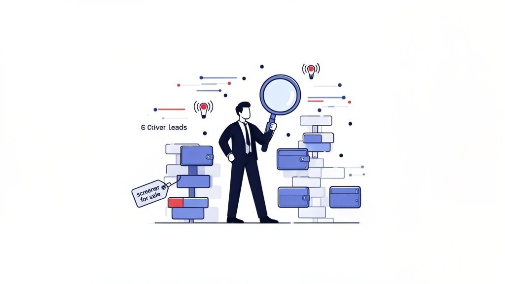 Illustration of a businessman with a magnifying glass searching for leads and data, with a 'screener for sale' tag.