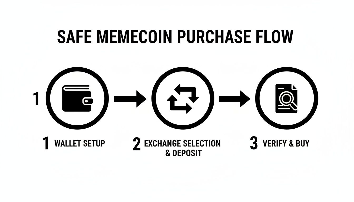 A diagram illustrates the safe memecoin purchase flow with three steps: Wallet Setup, Exchange Selection & Deposit, and Verify & Buy.