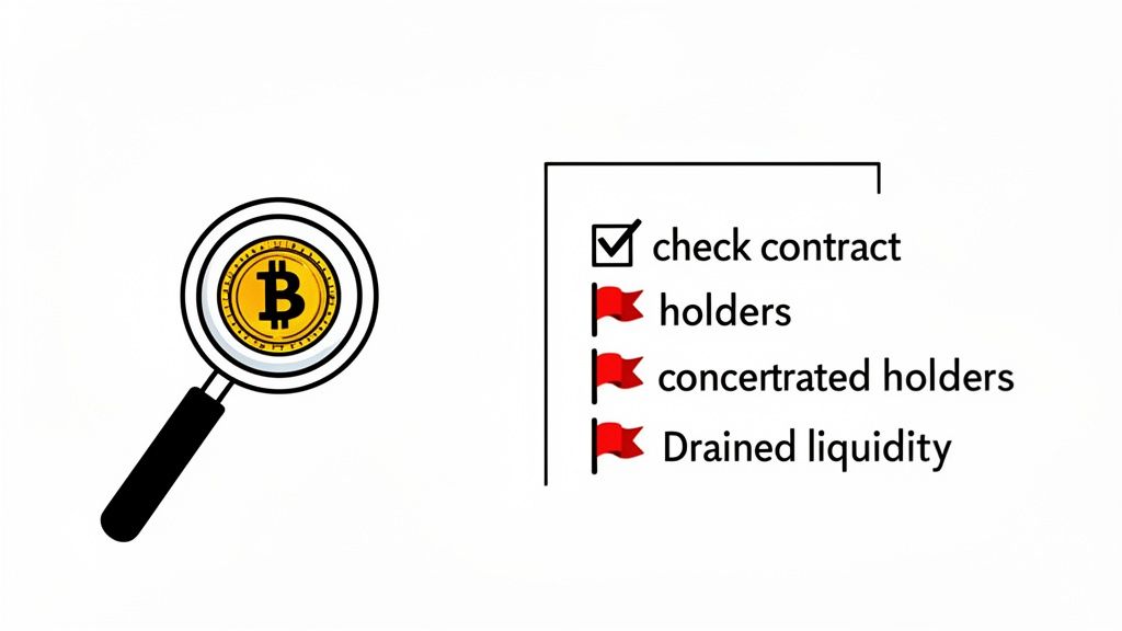A magnifying glass inspects a Bitcoin, next to a checklist for crypto contract auditing and risks.