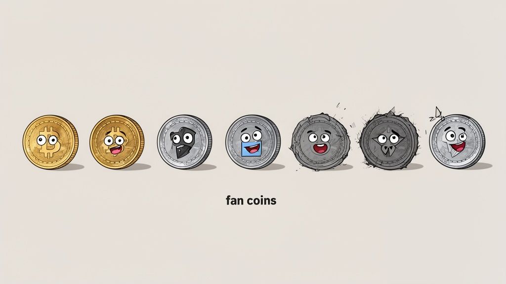 A row of seven cartoon crypto coins, including Bitcoin and fan coins, with various expressions.
