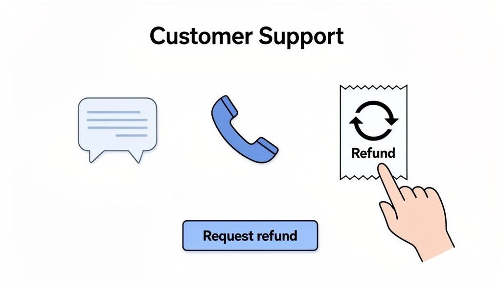 Illustration showing customer support options like chat, phone, and a hand requesting a refund.