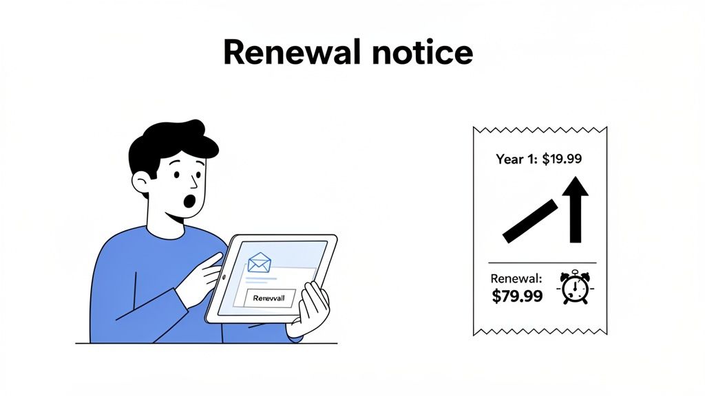 A surprised man looks at a tablet displaying a renewal email, showing a price increase from $19.99 to $79.99.