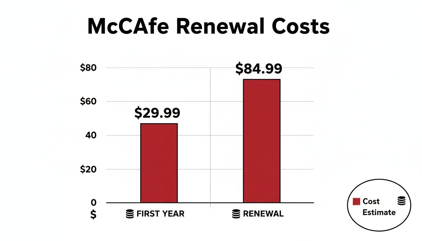 Bar chart comparing McAfee's first-year subscription cost ($29.99) to its renewal cost ($84.99).