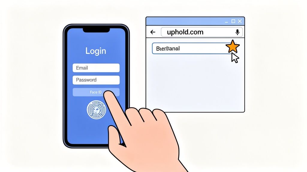 A hand taps a smartphone login screen with Face ID, while a browser shows uphold.com.