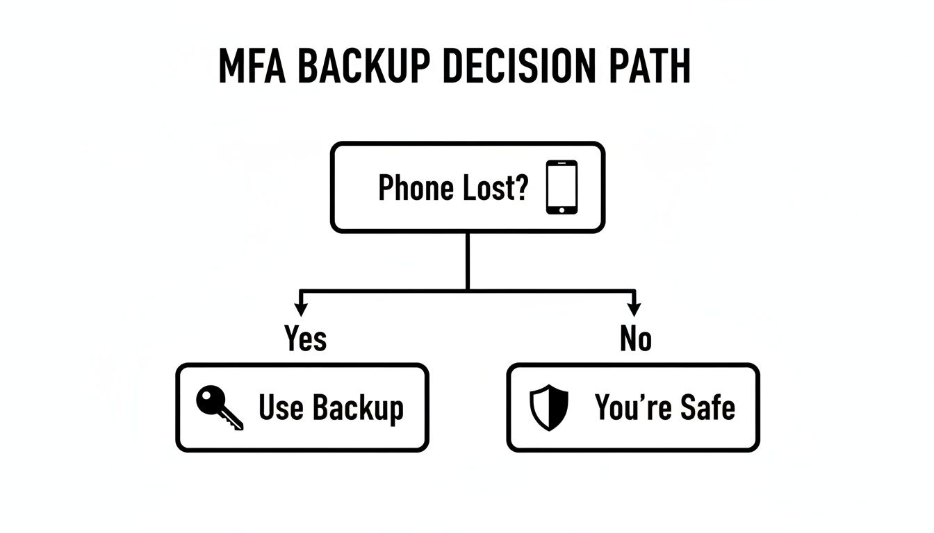 A flowchart illustrates the MFA backup decision path, guiding users on what to do if their phone is lost.