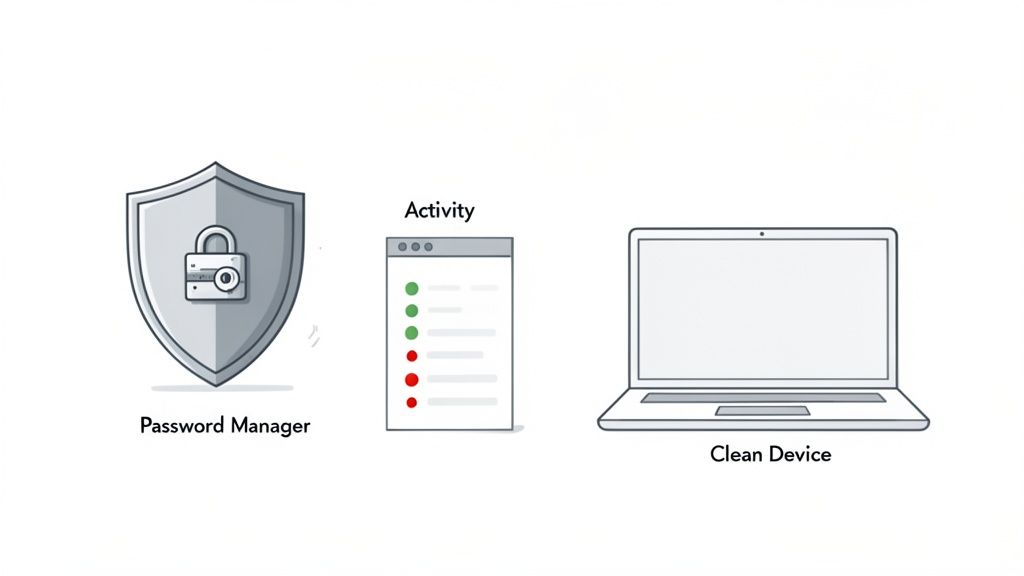 An illustration showing a password manager shield, an activity log, and a clean laptop representing digital security.