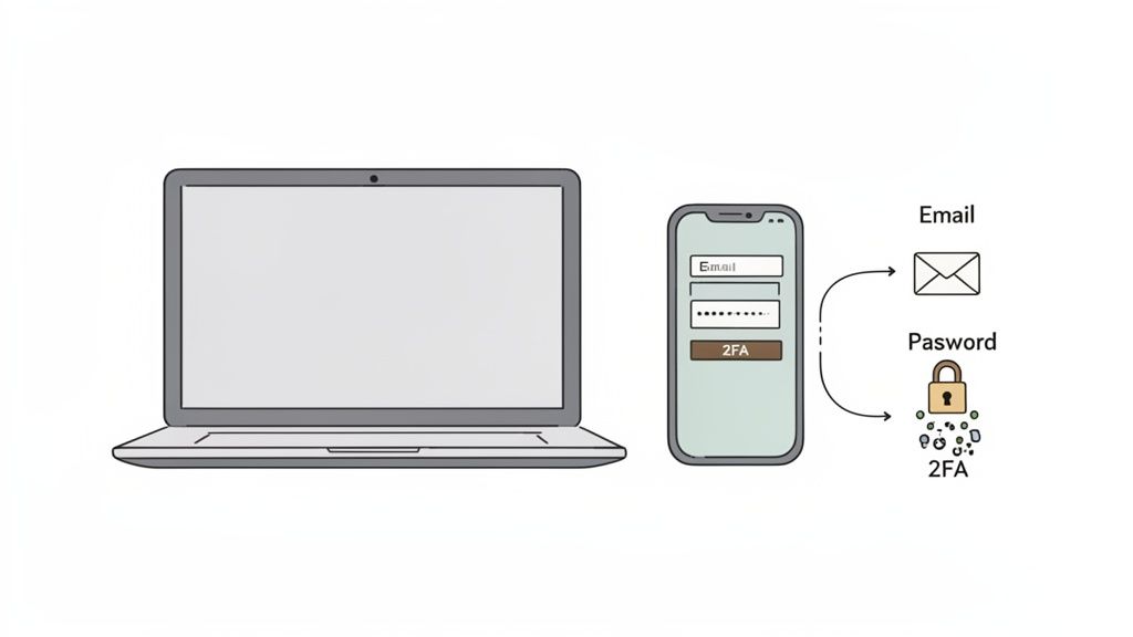Illustration of a laptop and a smartphone demonstrating a two-factor authentication (2FA) login process.