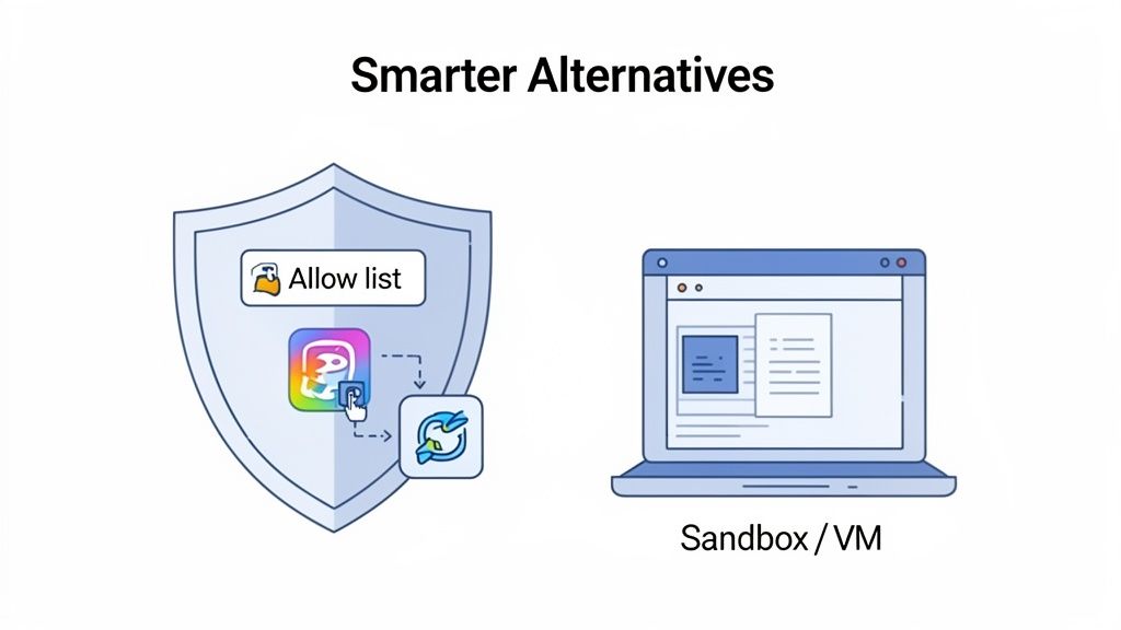 Illustration depicting smarter security alternatives: an allow list shielding an application and a laptop representing a sandbox or VM.