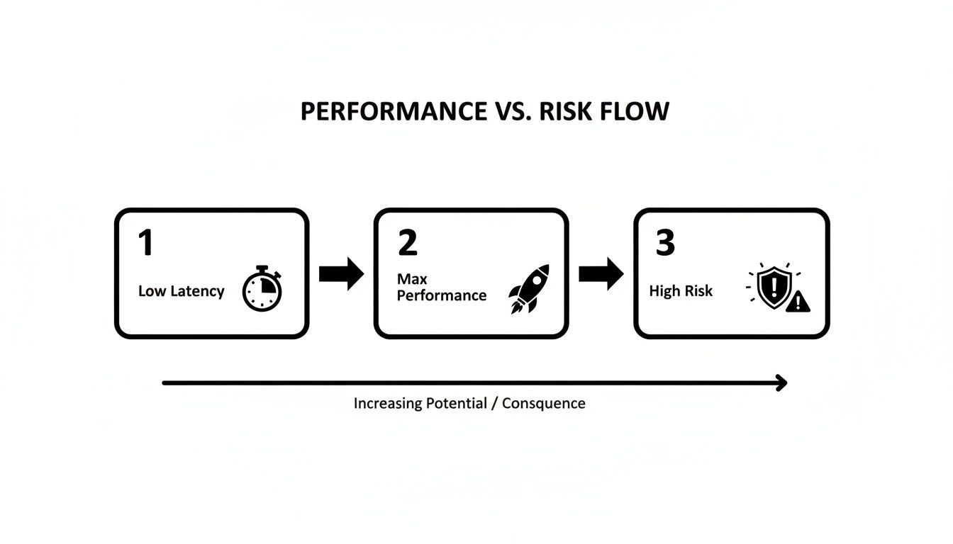 Flow diagram showing performance stages: low latency, max performance, and high risk with increasing potential/consequence.