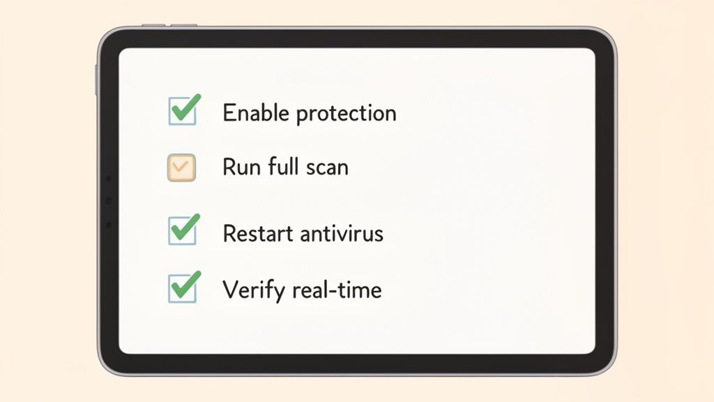 A tablet screen displaying an antivirus checklist with three completed items and one pending scan.