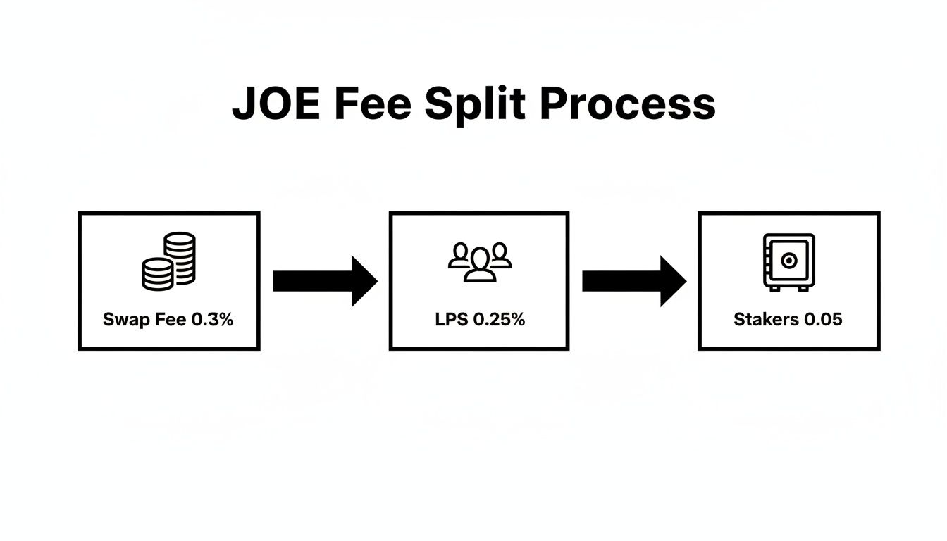 Diagram showing the JOE fee split process, from swap fees to liquidity providers and stakers.