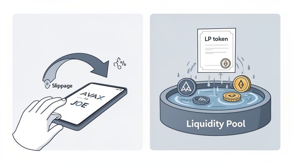An illustration showing a crypto swap from AVAX to JOE with slippage, and a liquidity pool generating LP tokens.