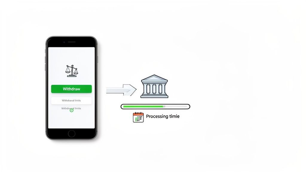 A smartphone app interface with a 'Withdraw' button and withdrawal limits, showing a transfer to a bank with processing time.