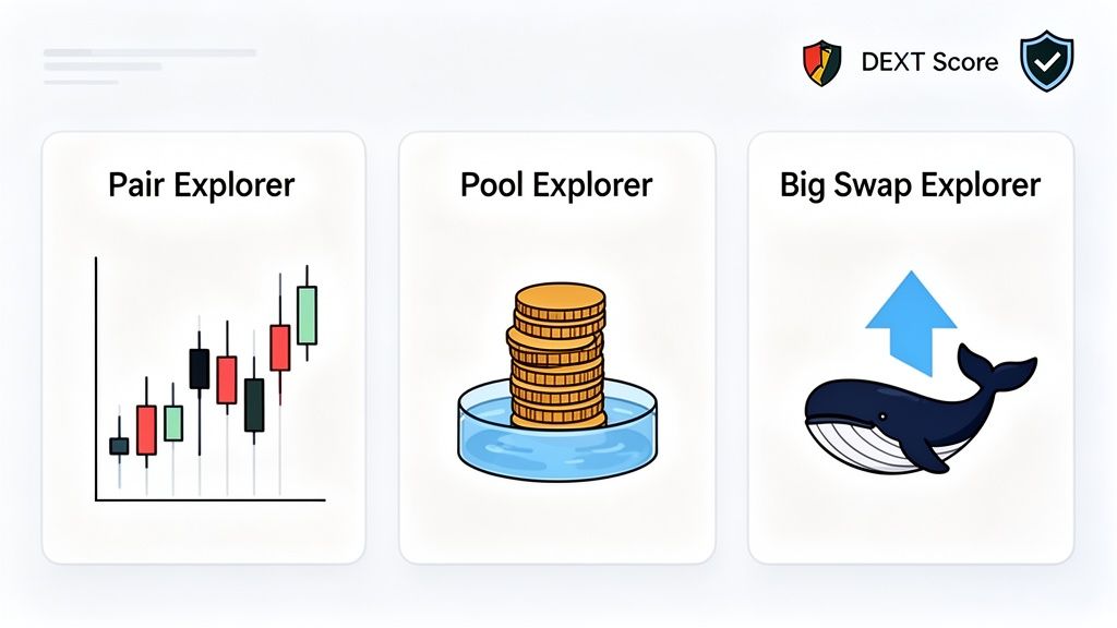 A DEXT platform dashboard showing Pair Explorer, Pool Explorer, and Big Swap Explorer features with icons.