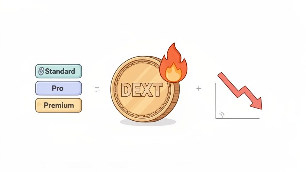 An infographic showing Standard, Pro, and Premium tiers leading to DEXT coin burning and a downward trend.