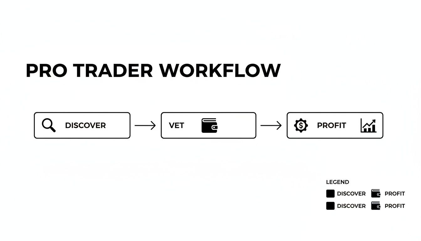 A diagram illustrating the 'PRO TRADER WORKFLOW' with three sequential steps: Discover, Vet, and Profit.