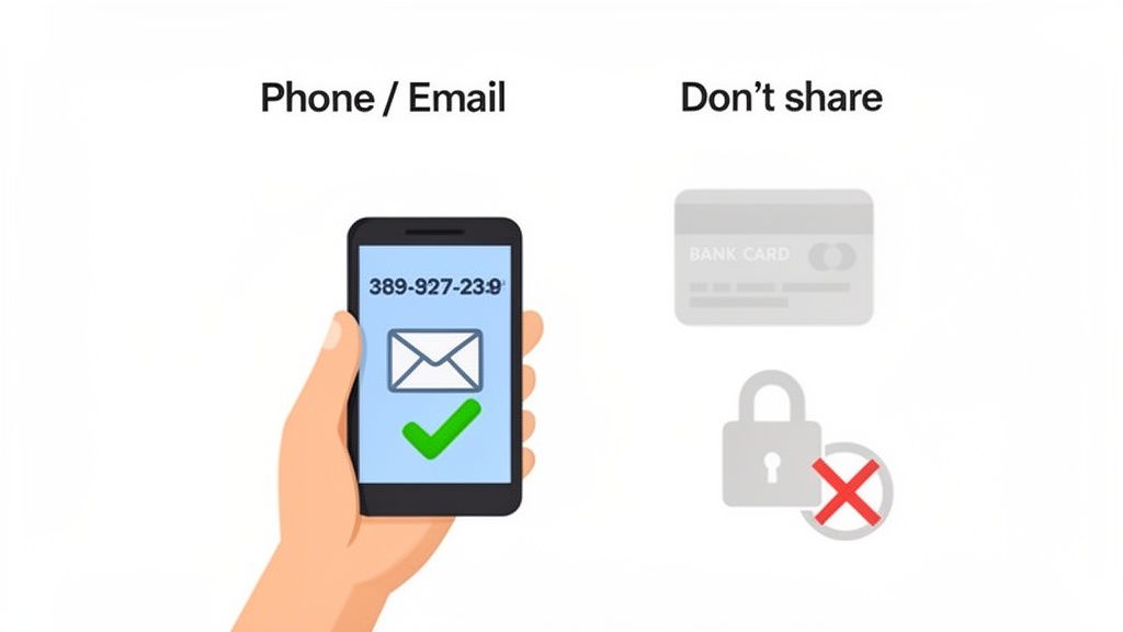 Illustration showing safe information to share like phone and email versus unsafe like bank card and security.