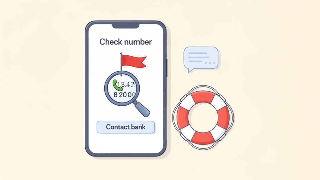 Smartphone screen checking a suspicious phone number with a red flag, contact bank button, chat, and lifebuoy for help.