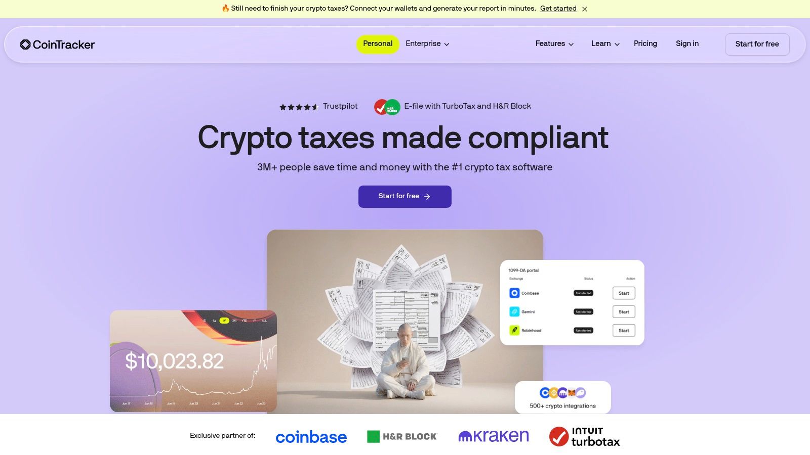 CoinTracker dashboard showing portfolio and tax information