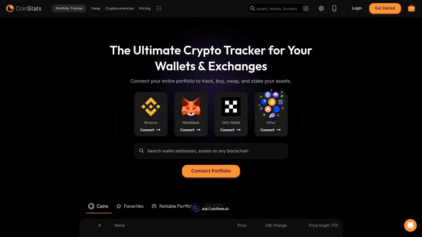 CoinStats dashboard showing portfolio allocation and performance metrics