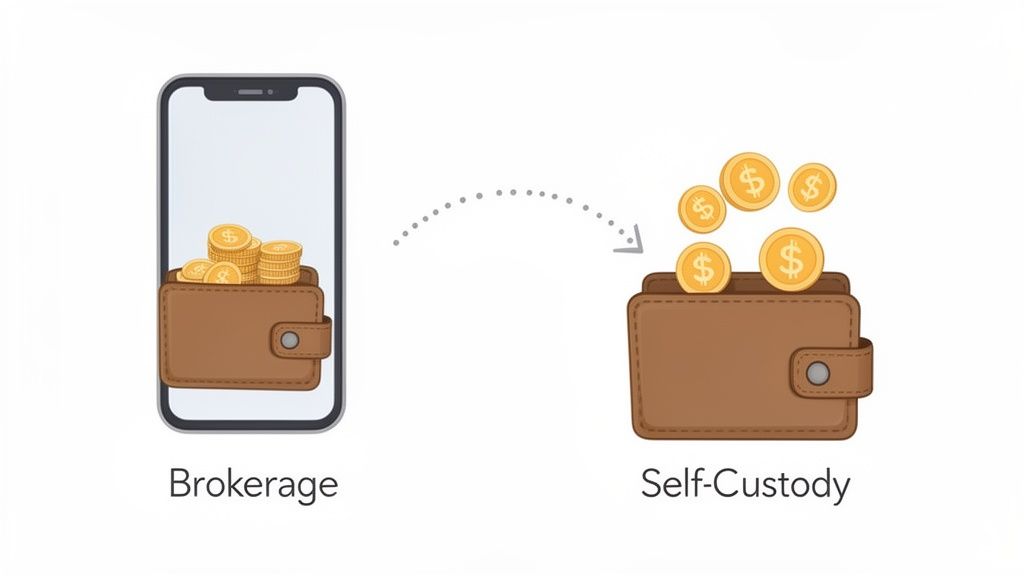 An illustration showing money moving from a phone displaying a 'Brokerage' wallet to a physical 'Self-Custody' wallet.